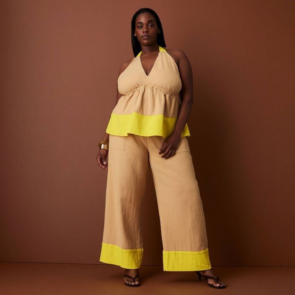 Women's Colorblock Drawstring Wide Leg Pants - Rosie Assoulin Khaki/Yellow 2X